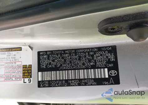 2005 Toyota Prius z USA, uszkodzony, nr VIN JTDKB20U453008710